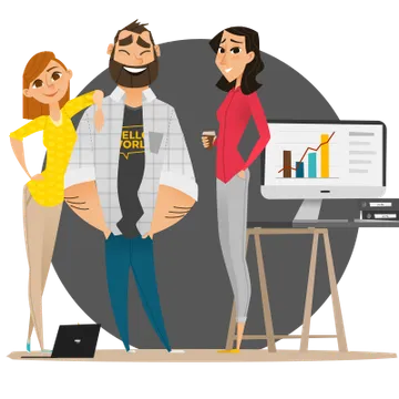 Ilustración del equipo de KinderClose junto a una pantalla con gráficos de resultados