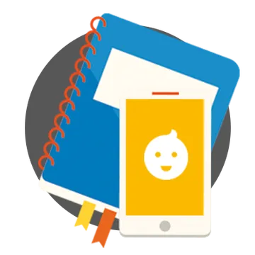 Ilustración de una agenda escolar de papel junto a un móvil con la app KinderClose