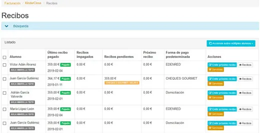 Pantalla de generación de recibos en KinderClose